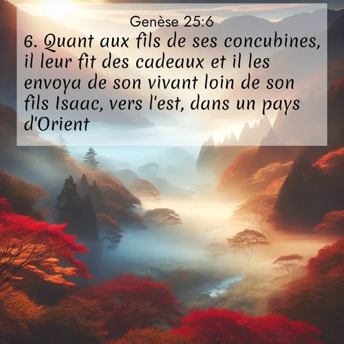 citation biblique : 6. Quant aux fils de ses concubines, il leur fit des cadeaux et il les envoya de son vivant loin de son fils Isaac, vers l&#039;est, dans un pays d&#039;Orient.
 sur fond image nature