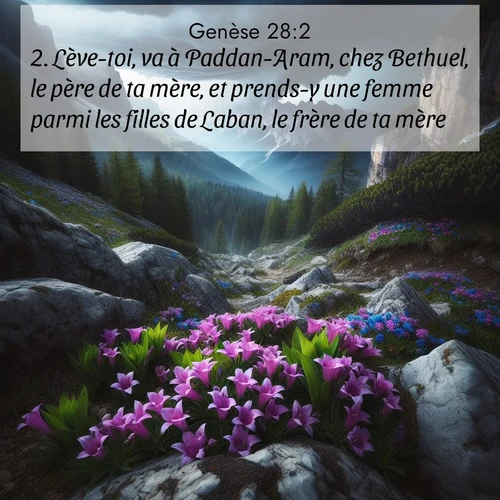 Segond21 Genèse  ; image nature: image avec le verset biblique :Lève-toi, va à Paddan-Aram, chez Bethuel, le père de ta mère, et prends-y une femme parmi les filles de Laban, le frère de ta mère. ;  ; 28:2