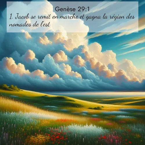 citation biblique : 1. Jacob se remit en marche et gagna la région des nomades de l&#039;est.
 sur fond image nature