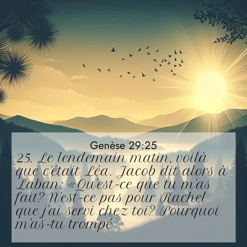 Segond21 Genèse  ; image nature: image avec le verset biblique :Le lendemain matin, voilà que c&#039;était Léa. Jacob dit alors à Laban: «Qu&#039;est-ce que tu m&#039;as fait? N&#039;est-ce pas pour Rachel que j&#039;ai servi chez toi? Pourquoi m&#039;as-tu trompé?» ;  ; 29:25