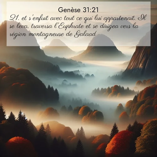 citation biblique : 21. et s&#039;enfuit avec tout ce qui lui appartenait. Il se leva, traversa l&#039;Euphrate et se dirigea vers la région montagneuse de Galaad.
 sur fond image nature
