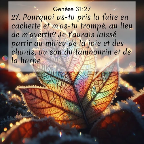 citation biblique : 27. Pourquoi as-tu pris la fuite en cachette et m&#039;as-tu trompé, au lieu de m&#039;avertir? Je t&#039;aurais laissé partir au milieu de la joie et des chants, au son du tambourin et de la harpe.
 sur fond image nature
