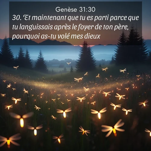 citation biblique : 30. Et maintenant que tu es parti parce que tu languissais après le foyer de ton père, pourquoi as-tu volé mes dieux?»
 sur fond image nature