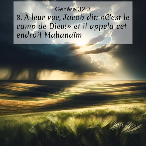 citation biblique : 3. A leur vue, Jacob dit: «C&#039;est le camp de Dieu!» et il appela cet endroit Mahanaïm.
 sur fond image nature