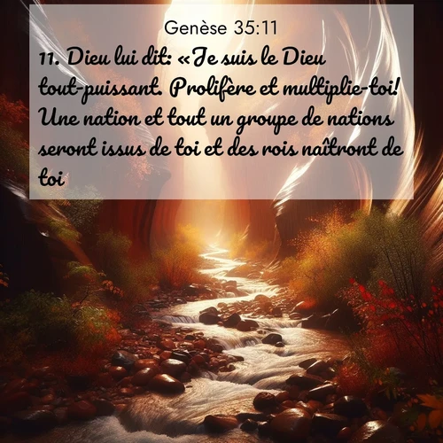 citation biblique : 11. Dieu lui dit: «Je suis le Dieu tout-puissant. Prolifère et multiplie-toi! Une nation et tout un groupe de nations seront issus de toi et des rois naîtront de toi.
 sur fond image nature