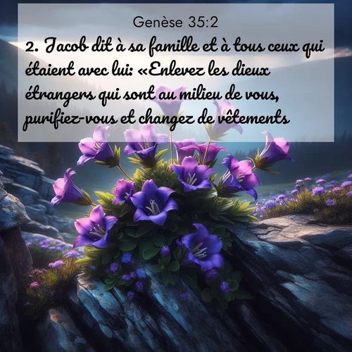 Segond21 Genèse  ; image nature: image avec le verset biblique :Jacob dit à sa famille et à tous ceux qui étaient avec lui: «Enlevez les dieux étrangers qui sont au milieu de vous, purifiez-vous et changez de vêtements. ;  ; 35:2