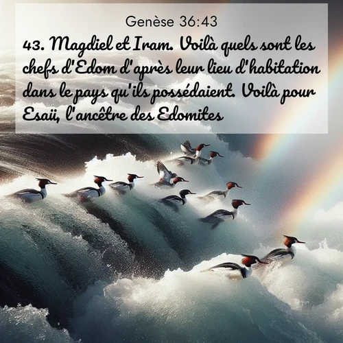 citation biblique : 43. Magdiel et Iram. Voilà quels sont les chefs d&#039;Edom d&#039;après leur lieu d&#039;habitation dans le pays qu&#039;ils possédaient. Voilà pour Esaü, l&#039;ancêtre des Edomites.
 sur fond image nature