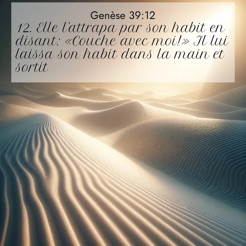 Segond21 Genèse  ; image nature: image avec le verset biblique :Elle l&#039;attrapa par son habit en disant: «Couche avec moi!» Il lui laissa son habit dans la main et sortit. ;  ; 39:12