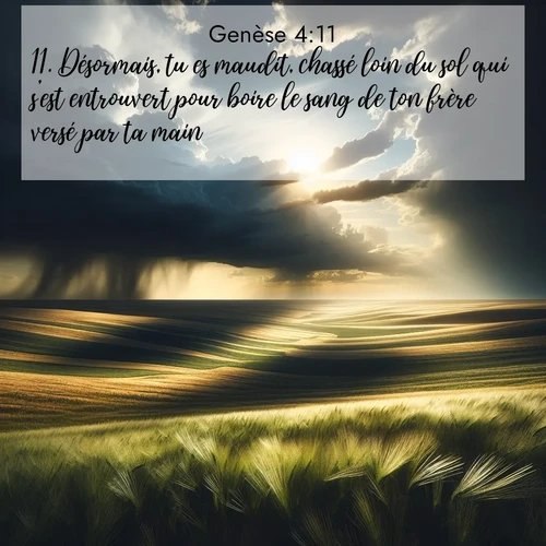 citation biblique : 11. Désormais, tu es maudit, chassé loin du sol qui s&#039;est entrouvert pour boire le sang de ton frère versé par ta main.
 sur fond image nature