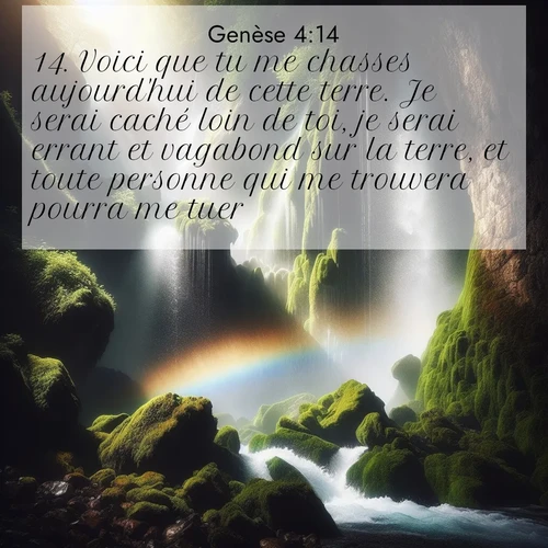 Segond21 Genèse  ; image nature: image avec le verset biblique :Voici que tu me chasses aujourd&#039;hui de cette terre. Je serai caché loin de toi, je serai errant et vagabond sur la terre, et toute personne qui me trouvera pourra me tuer.» ;  ; 4:14
