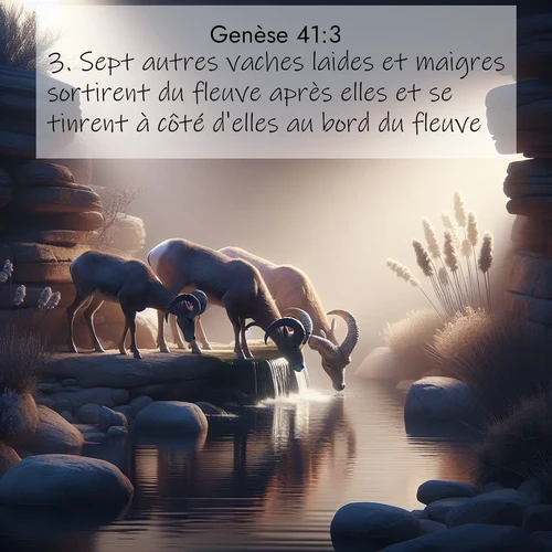 Segond21 Genèse  ; image nature: image avec le verset biblique :Sept autres vaches laides et maigres sortirent du fleuve après elles et se tinrent à côté d&#039;elles au bord du fleuve. ;  ; 41:3