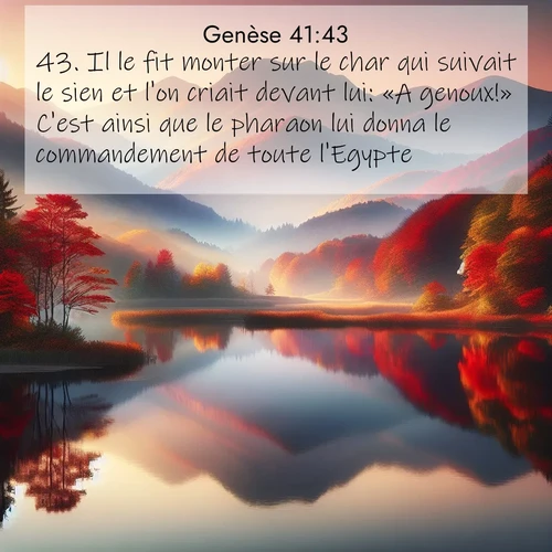 Segond21 Genèse  ; image nature: image avec le verset biblique :Il le fit monter sur le char qui suivait le sien et l&#039;on criait devant lui: «A genoux!» C&#039;est ainsi que le pharaon lui donna le commandement de toute l&#039;Egypte. ;  ; 41:43