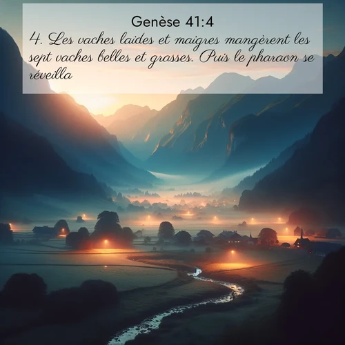 Segond21 Genèse  ; image nature: image avec le verset biblique :Les vaches laides et maigres mangèrent les sept vaches belles et grasses. Puis le pharaon se réveilla. ;  ; 41:4
