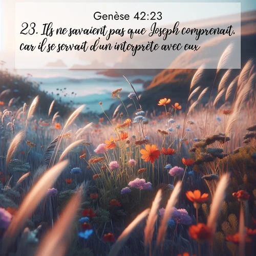 Segond21 Genèse  ; image nature: image avec le verset biblique :Ils ne savaient pas que Joseph comprenait, car il se servait d&#039;un interprète avec eux. ;  ; 42:23