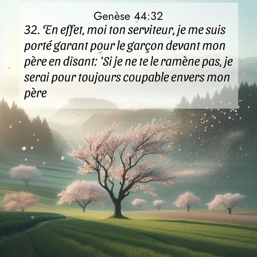 citation biblique : 32. En effet, moi ton serviteur, je me suis porté garant pour le garçon devant mon père en disant: &#039;Si je ne te le ramène pas, je serai pour toujours coupable envers mon père.&#039;
 sur fond image nature