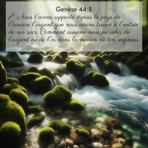 citation biblique : 8. Nous t&#039;avons rapporté depuis le pays de Canaan l&#039;argent que nous avions trouvé à l&#039;entrée de nos sacs. Comment aurions-nous pu voler de l&#039;argent ou de l&#039;or dans la maison de ton seigneur?
 sur fond image nature