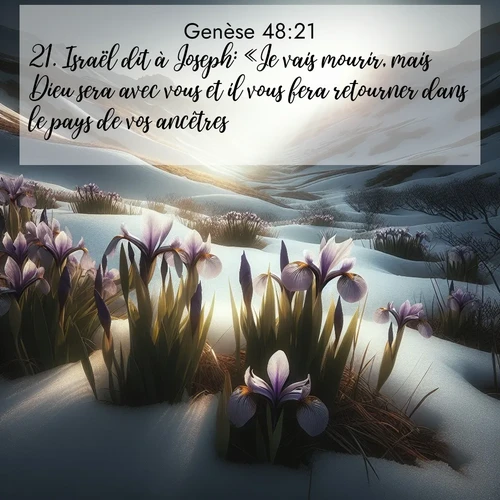 citation biblique : 21. Israël dit à Joseph: «Je vais mourir, mais Dieu sera avec vous et il vous fera retourner dans le pays de vos ancêtres.
 sur fond image nature