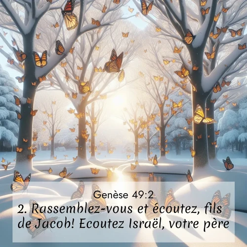 Segond21 Genèse  ; image nature: image avec le verset biblique :Rassemblez-vous et écoutez, fils de Jacob! Ecoutez Israël, votre père! ;  ; 49:2