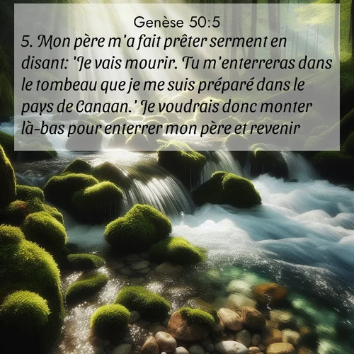 Segond21 Genèse  ; image nature: image avec le verset biblique :Mon père m&#039;a fait prêter serment en disant: &#039;Je vais mourir. Tu m&#039;enterreras dans le tombeau que je me suis préparé dans le pays de Canaan.&#039; Je voudrais donc monter là-bas pour enterrer mon père et revenir.» ;  ; 50:5