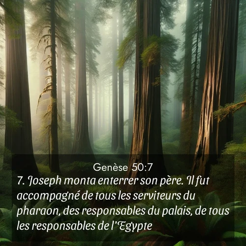Segond21 Genèse  ; image nature: image avec le verset biblique :Joseph monta enterrer son père. Il fut accompagné de tous les serviteurs du pharaon, des responsables du palais, de tous les responsables de l&#039;Egypte, ;  ; 50:7