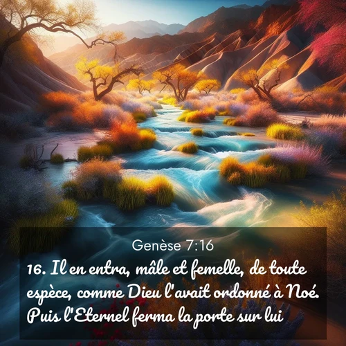 citation biblique : 16. Il en entra, mâle et femelle, de toute espèce, comme Dieu l&#039;avait ordonné à Noé. Puis l&#039;Eternel ferma la porte sur lui.
 sur fond image nature