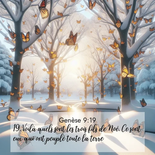citation biblique : 19. Voilà quels sont les trois fils de Noé. Ce sont eux qui ont peuplé toute la terre.
 sur fond image nature