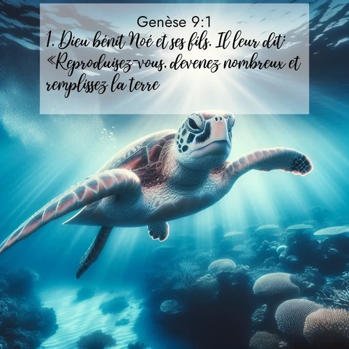 citation biblique : 1. Dieu bénit Noé et ses fils. Il leur dit: «Reproduisez-vous, devenez nombreux et remplissez la terre.
 sur fond image nature