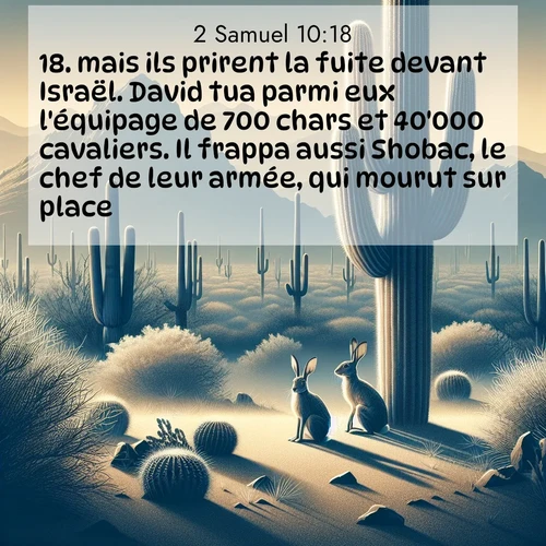 Segond21 2 Samuel  ; image nature: image avec le verset biblique :mais ils prirent la fuite devant Israël. David tua parmi eux l&#039;équipage de 700 chars et 40&#039;000 cavaliers. Il frappa aussi Shobac, le chef de leur armée, qui mourut sur place. ;  ; 10:18