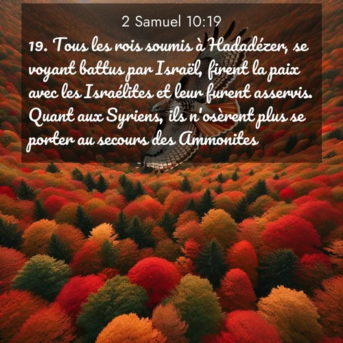 Segond21 2 Samuel  ; image nature: image avec le verset biblique :Tous les rois soumis à Hadadézer, se voyant battus par Israël, firent la paix avec les Israélites et leur furent asservis. Quant aux Syriens, ils n&#039;osèrent plus se porter au secours des Ammonites. ;  ; 10:19