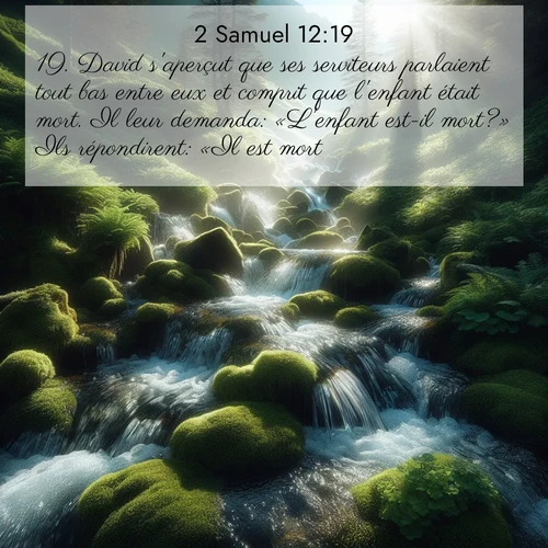 Segond21 2 Samuel  ; image nature: image avec le verset biblique :David s&#039;aperçut que ses serviteurs parlaient tout bas entre eux et comprit que l&#039;enfant était mort. Il leur demanda: «L&#039;enfant est-il mort?» Ils répondirent: «Il est mort.» ;  ; 12:19