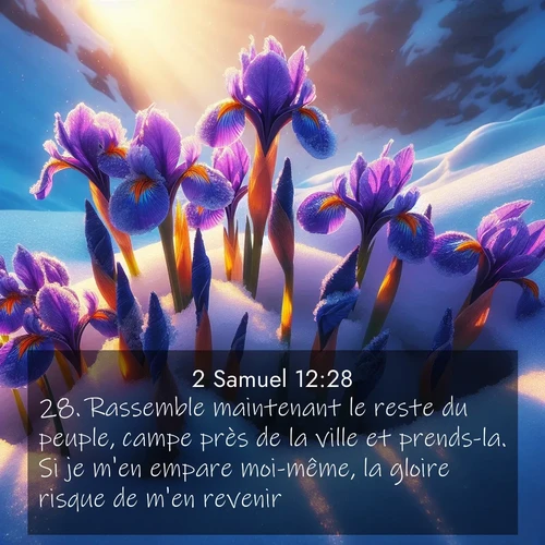 Segond21 2 Samuel  ; image nature: image avec le verset biblique :Rassemble maintenant le reste du peuple, campe près de la ville et prends-la. Si je m&#039;en empare moi-même, la gloire risque de m&#039;en revenir.» ;  ; 12:28