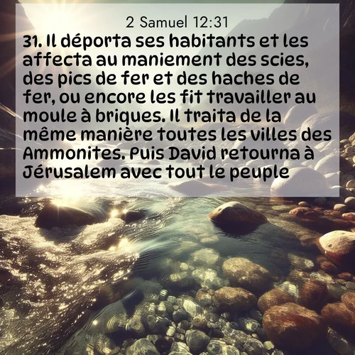 Segond21 2 Samuel  ; image nature: image avec le verset biblique :Il déporta ses habitants et les affecta au maniement des scies, des pics de fer et des haches de fer, ou encore les fit travailler au moule à briques. Il traita de la même manière toutes les villes des Ammonites. Puis David retourna à Jérusalem avec tout le peuple. ;  ; 12:31