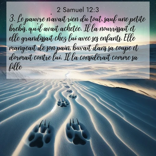 Segond21 2 Samuel  ; image nature: image avec le verset biblique :Le pauvre n&#039;avait rien du tout, sauf une petite brebis, qu&#039;il avait achetée. Il la nourrissait et elle grandissait chez lui avec ses enfants. Elle mangeait de son pain, buvait dans sa coupe et dormait contre lui. Il la considérait comme sa fille. ;  ; 12:3