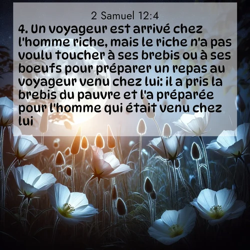 Segond21 2 Samuel  ; image nature: image avec le verset biblique :Un voyageur est arrivé chez l&#039;homme riche, mais le riche n&#039;a pas voulu toucher à ses brebis ou à ses boeufs pour préparer un repas au voyageur venu chez lui: il a pris la brebis du pauvre et l&#039;a préparée pour l&#039;homme qui était venu chez lui.» ;  ; 12:4