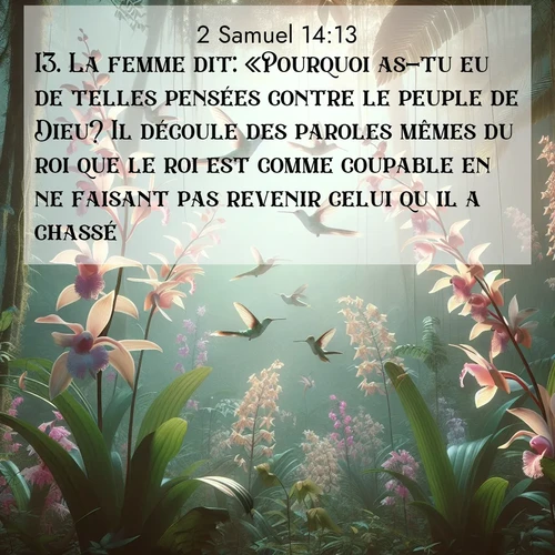 Segond21 2 Samuel  ; image nature: image avec le verset biblique :La femme dit: «Pourquoi as-tu eu de telles pensées contre le peuple de Dieu? Il découle des paroles mêmes du roi que le roi est comme coupable en ne faisant pas revenir celui qu&#039;il a chassé. ;  ; 14:13