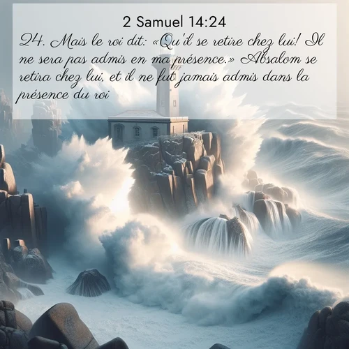 Segond21 2 Samuel  ; image nature: image avec le verset biblique :Mais le roi dit: «Qu&#039;il se retire chez lui! Il ne sera pas admis en ma présence.» Absalom se retira chez lui, et il ne fut jamais admis dans la présence du roi. ;  ; 14:24