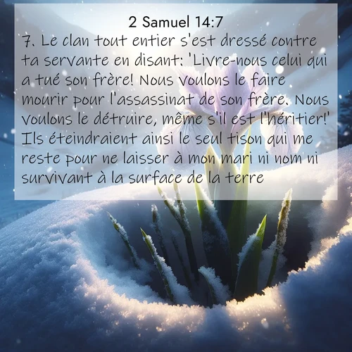 Segond21 2 Samuel  ; image nature: image avec le verset biblique :Le clan tout entier s&#039;est dressé contre ta servante en disant: &#039;Livre-nous celui qui a tué son frère! Nous voulons le faire mourir pour l&#039;assassinat de son frère. Nous voulons le détruire, même s&#039;il est l&#039;héritier!&#039; Ils éteindraient ainsi le seul tison qui me reste pour ne laisser à mon mari ni nom ni survivant à la surface de la terre.» ;  ; 14:7