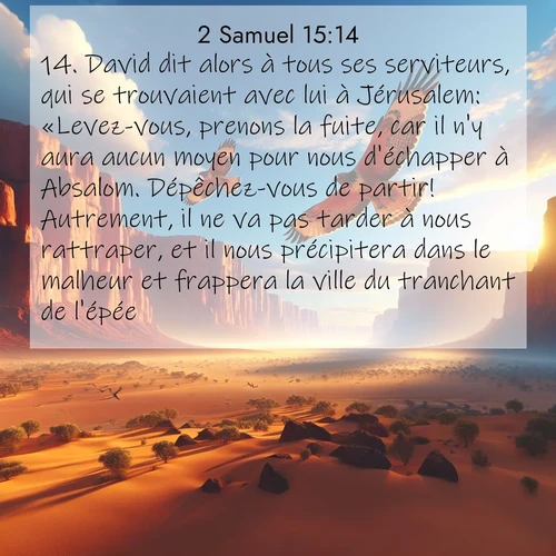 Segond21 2 Samuel  ; image nature: image avec le verset biblique :David dit alors à tous ses serviteurs, qui se trouvaient avec lui à Jérusalem: «Levez-vous, prenons la fuite, car il n&#039;y aura aucun moyen pour nous d&#039;échapper à Absalom. Dépêchez-vous de partir! Autrement, il ne va pas tarder à nous rattraper, et il nous précipitera dans le malheur et frappera la ville du tranchant de l&#039;épée.» ;  ; 15:14