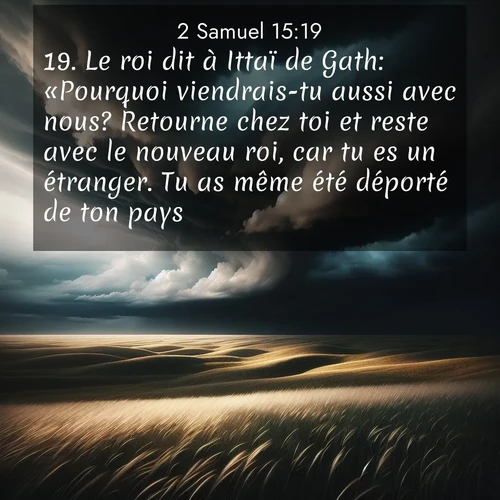 Segond21 2 Samuel  ; image nature: image avec le verset biblique :Le roi dit à Ittaï de Gath: «Pourquoi viendrais-tu aussi avec nous? Retourne chez toi et reste avec le nouveau roi, car tu es un étranger. Tu as même été déporté de ton pays. ;  ; 15:19