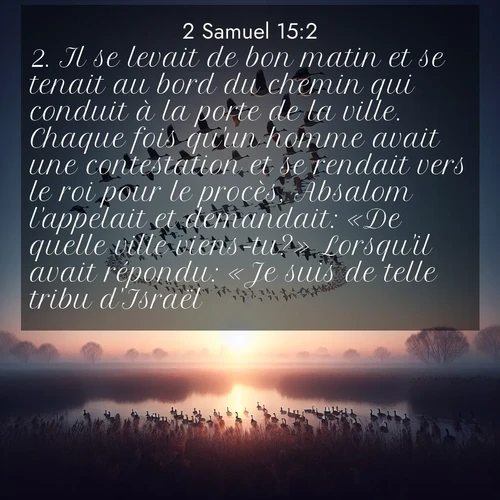 Segond21 2 Samuel  ; image nature: image avec le verset biblique :Il se levait de bon matin et se tenait au bord du chemin qui conduit à la porte de la ville. Chaque fois qu&#039;un homme avait une contestation et se rendait vers le roi pour le procès, Absalom l&#039;appelait et demandait: «De quelle ville viens-tu?» Lorsqu&#039;il avait répondu: «Je suis de telle tribu d&#039;Israël», ;  ; 15:2