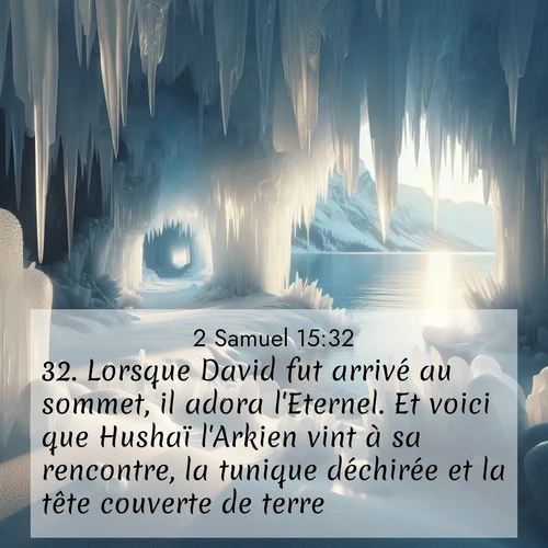 Segond21 2 Samuel  ; image nature: image avec le verset biblique :Lorsque David fut arrivé au sommet, il adora l&#039;Eternel. Et voici que Hushaï l&#039;Arkien vint à sa rencontre, la tunique déchirée et la tête couverte de terre. ;  ; 15:32