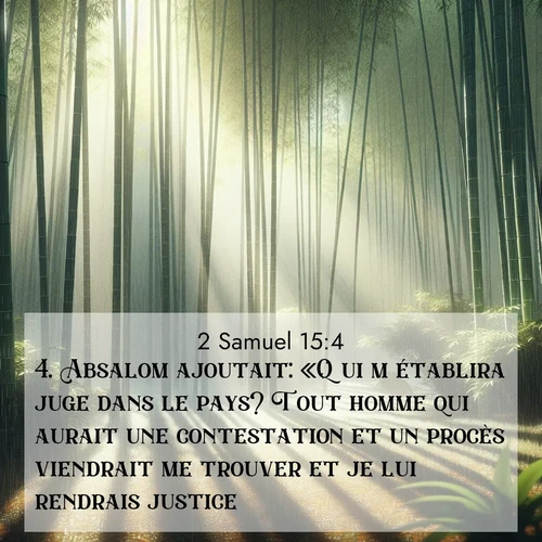 Segond21 2 Samuel  ; image nature: image avec le verset biblique :Absalom ajoutait: «Qui m&#039;établira juge dans le pays? Tout homme qui aurait une contestation et un procès viendrait me trouver et je lui rendrais justice.» ;  ; 15:4