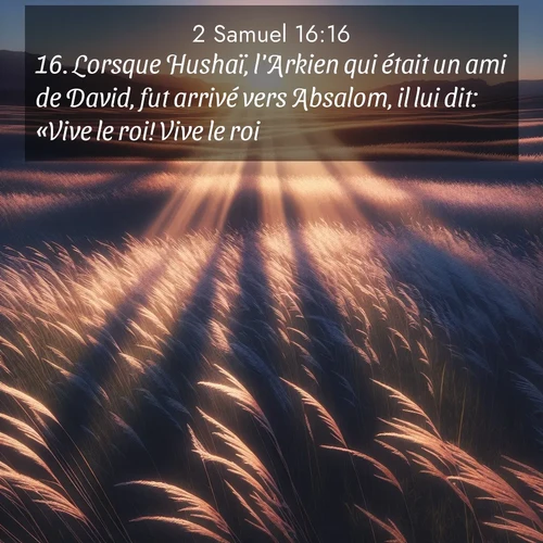 Segond21 2 Samuel  ; image nature: image avec le verset biblique :Lorsque Hushaï, l&#039;Arkien qui était un ami de David, fut arrivé vers Absalom, il lui dit: «Vive le roi! Vive le roi!» ;  ; 16:16