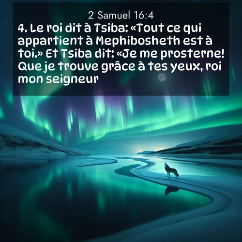 Segond21 2 Samuel  ; image nature: image avec le verset biblique :Le roi dit à Tsiba: «Tout ce qui appartient à Mephibosheth est à toi.» Et Tsiba dit: «Je me prosterne! Que je trouve grâce à tes yeux, roi mon seigneur!» ;  ; 16:4