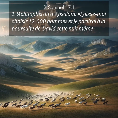 Segond21 2 Samuel  ; image nature: image avec le verset biblique :Achitophel dit à Absalom: «Laisse-moi choisir 12&#039;000 hommes et je partirai à la poursuite de David cette nuit même. ;  ; 17:1