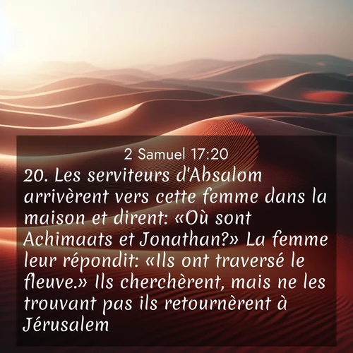 Segond21 2 Samuel  ; image nature: image avec le verset biblique :Les serviteurs d&#039;Absalom arrivèrent vers cette femme dans la maison et dirent: «Où sont Achimaats et Jonathan?» La femme leur répondit: «Ils ont traversé le fleuve.» Ils cherchèrent, mais ne les trouvant pas ils retournèrent à Jérusalem. ;  ; 17:20