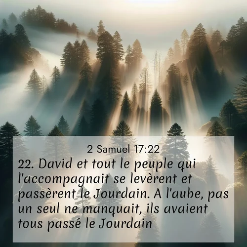 Segond21 2 Samuel  ; image nature: image avec le verset biblique :David et tout le peuple qui l&#039;accompagnait se levèrent et passèrent le Jourdain. A l&#039;aube, pas un seul ne manquait, ils avaient tous passé le Jourdain. ;  ; 17:22