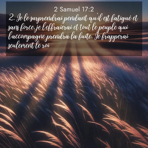 Segond21 2 Samuel  ; image nature: image avec le verset biblique :Je le surprendrai pendant qu&#039;il est fatigué et sans force, je l&#039;effraierai et tout le peuple qui l&#039;accompagne prendra la fuite. Je frapperai seulement le roi, ;  ; 17:2