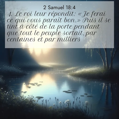 Segond21 2 Samuel  ; image nature: image avec le verset biblique :Le roi leur répondit: «Je ferai ce qui vous paraît bon.» Puis il se tint à côté de la porte pendant que tout le peuple sortait, par centaines et par milliers. ;  ; 18:4