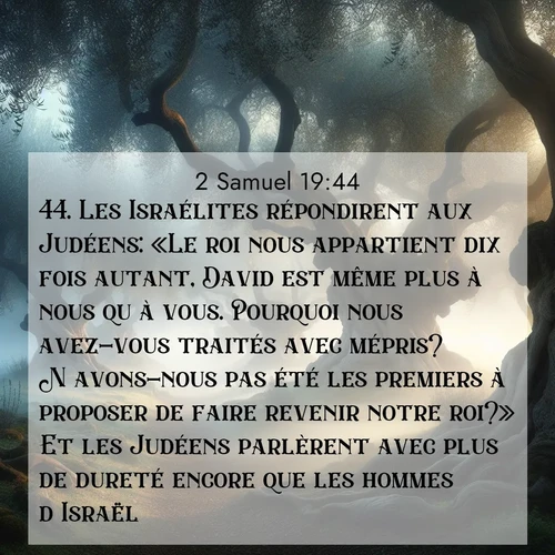 Segond21 2 Samuel  ; image nature: image avec le verset biblique :Les Israélites répondirent aux Judéens: «Le roi nous appartient dix fois autant, David est même plus à nous qu&#039;à vous. Pourquoi nous avez-vous traités avec mépris? N&#039;avons-nous pas été les premiers à proposer de faire revenir notre roi?» Et les Judéens parlèrent avec plus de dureté encore que les hommes d&#039;Israël. ;  ; 19:44